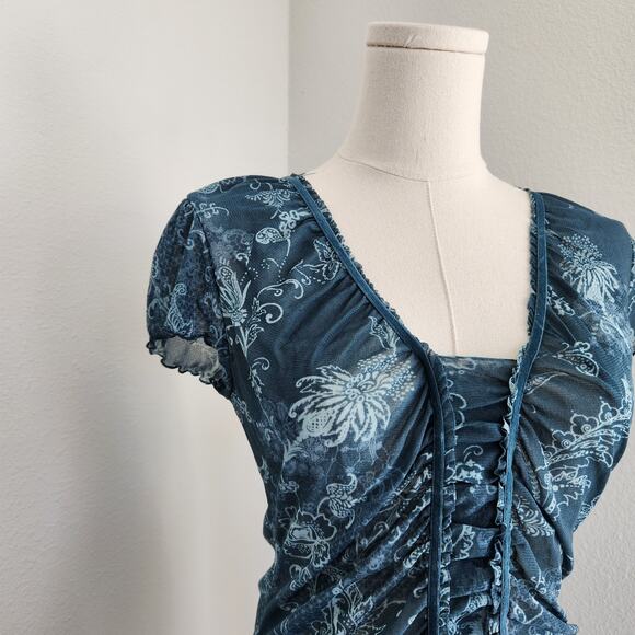Y2K Mesh Blue Floral Sheer Ruched Cap Sleeve V-Neck Whimsigoth Top XS - Picture 2 of 7